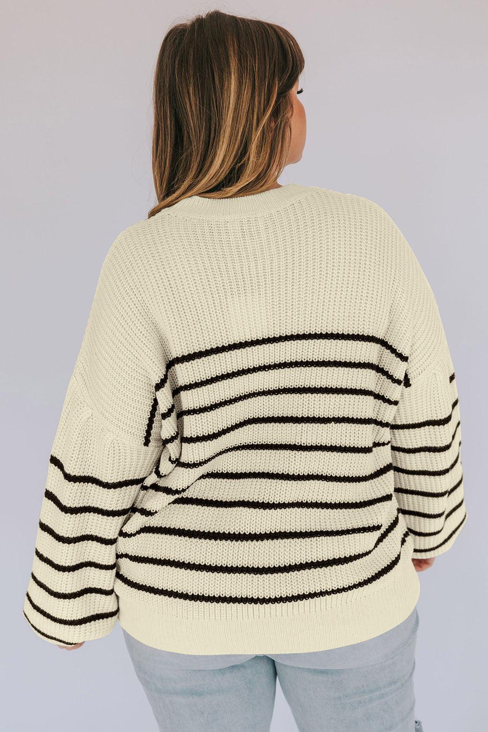 Khaki Plus Size Striped Drop Shoulder Puff Sleeve Sweater - L & M Kee, LLC