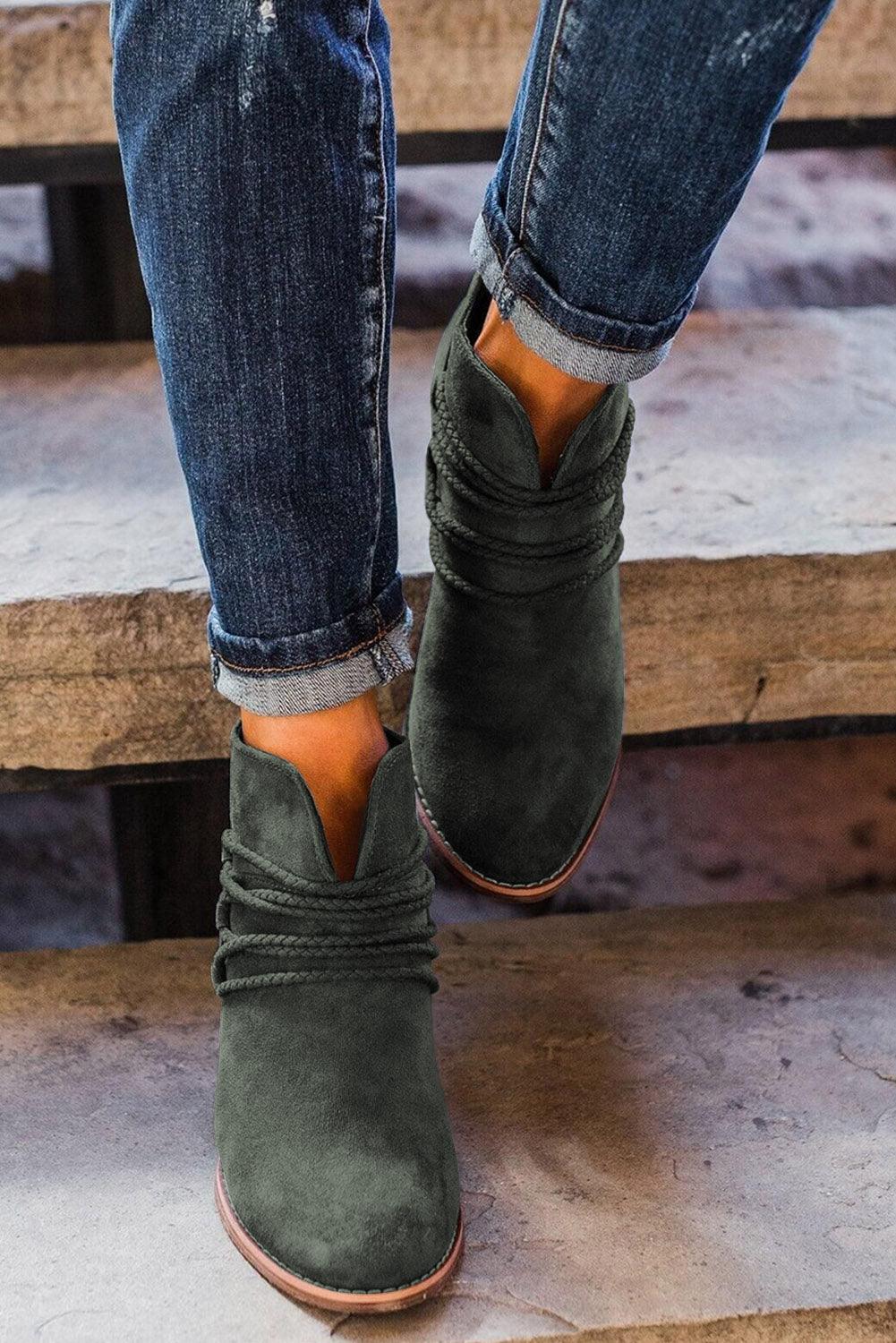 Dark Grey Criss Cross Slip-on Point Toe Heeled Boots - L & M Kee, LLC