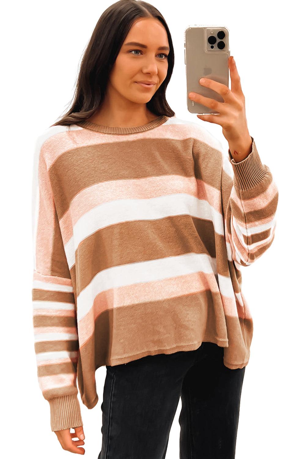 Multicolour Striped Knit Drop Shoulder Loose Sweater - L & M Kee, LLC