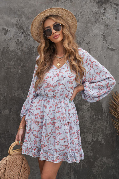 Blue V Neck Lantern Sleeves Floral Tunic Dress - L & M Kee, LLC