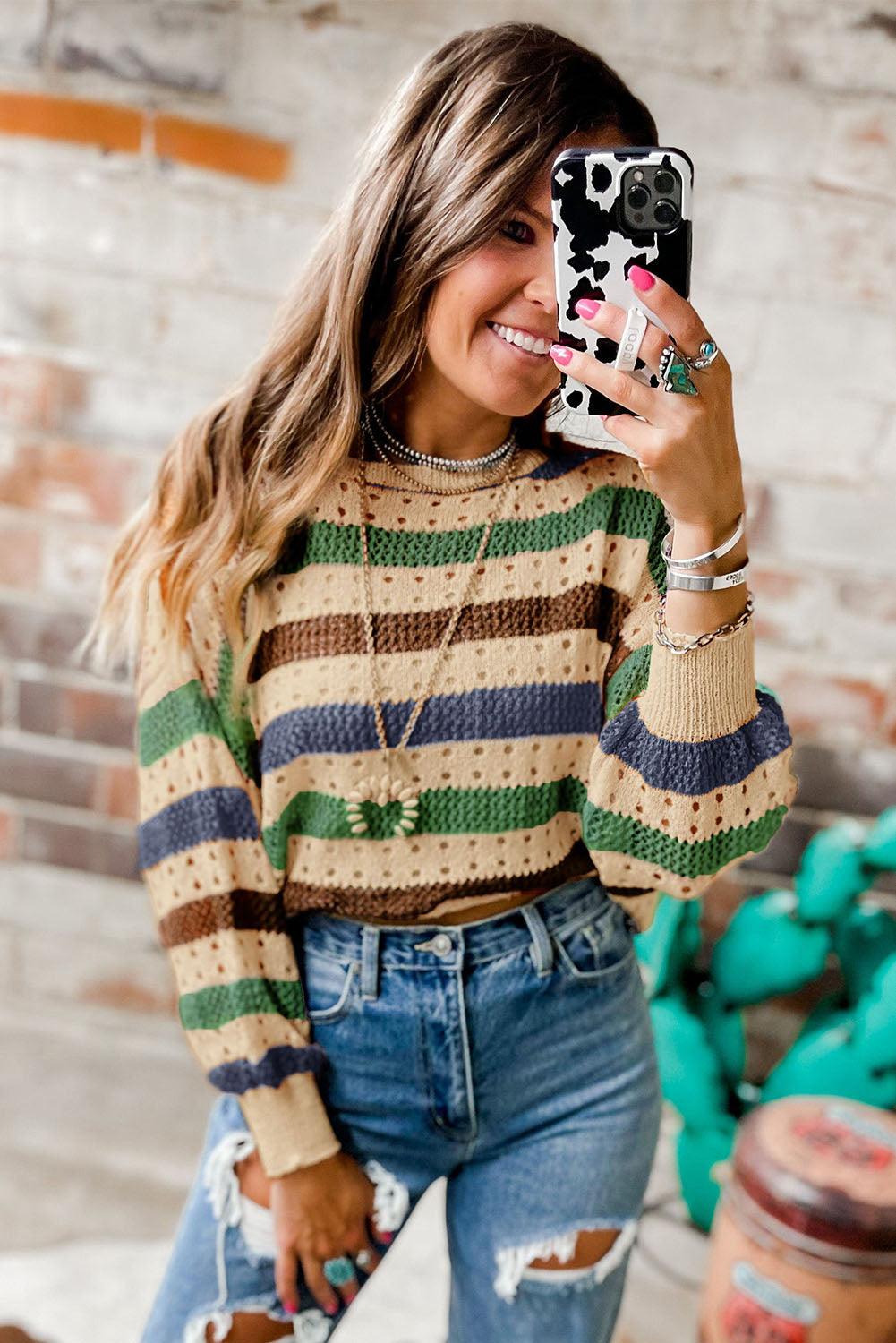 Multicolor Striped Hollowed Knitted Loose Sweater - L & M Kee, LLC