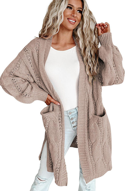 Apricot Ribbed Trim Eyelet Cable Knit Cardigan - L & M Kee, LLC