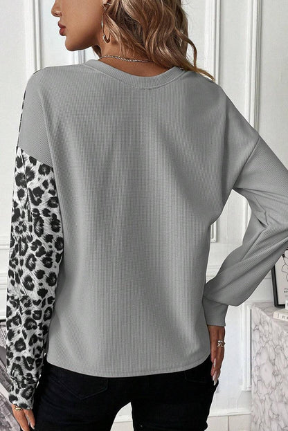 Light Grey Leopard Colorblock Waffle Knit Top - L & M Kee, LLC