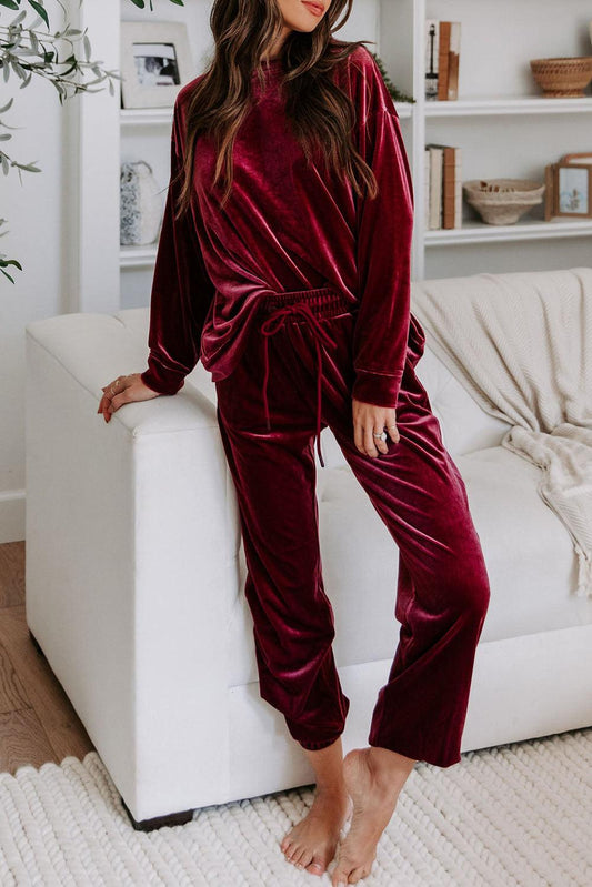 Fiery Red Solid Velvet Two Piece Lounge Set - L & M Kee, LLC