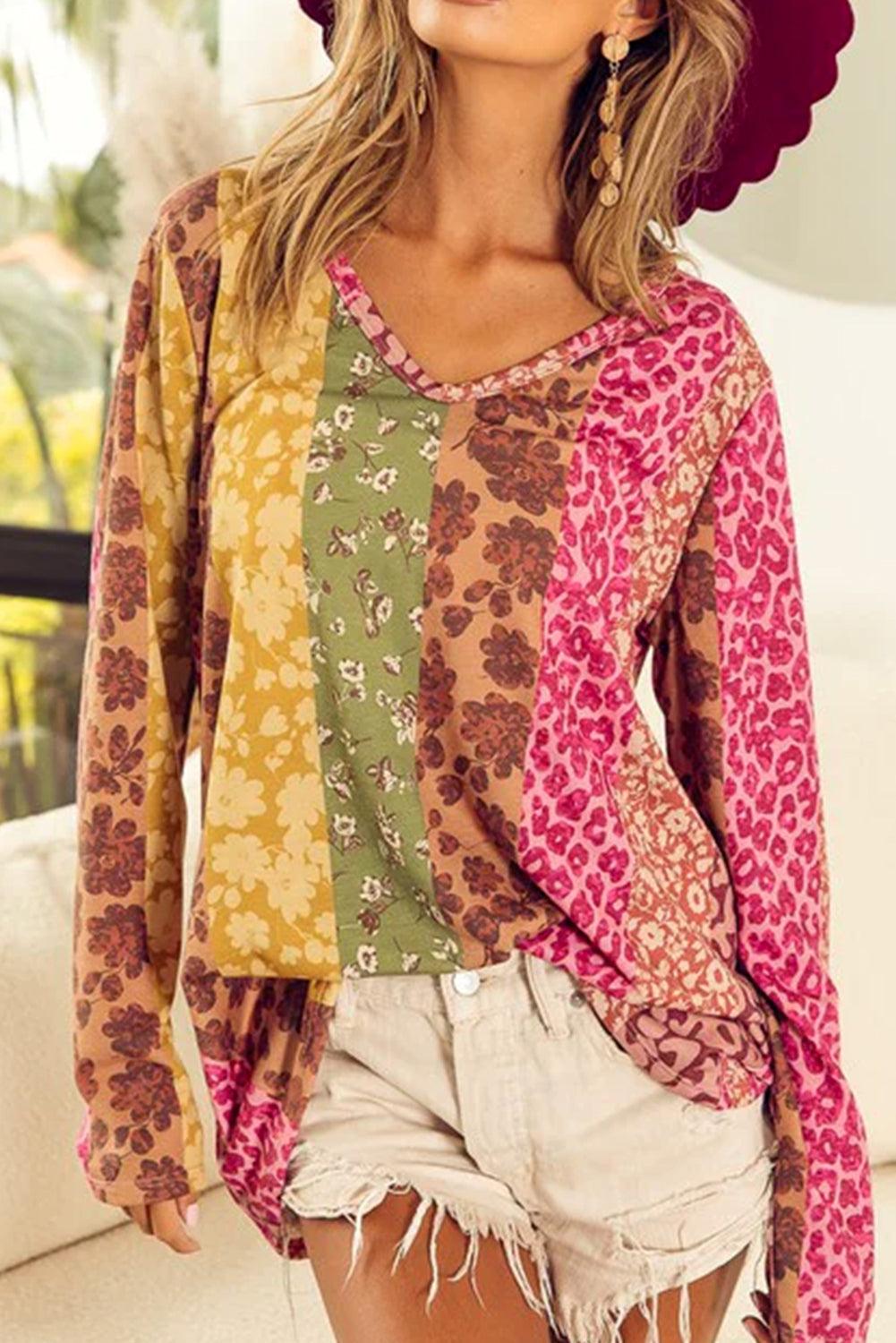 Multicolor Floral Leopard Mixed Print V Neck Long Sleeve Tee - L & M Kee, LLC