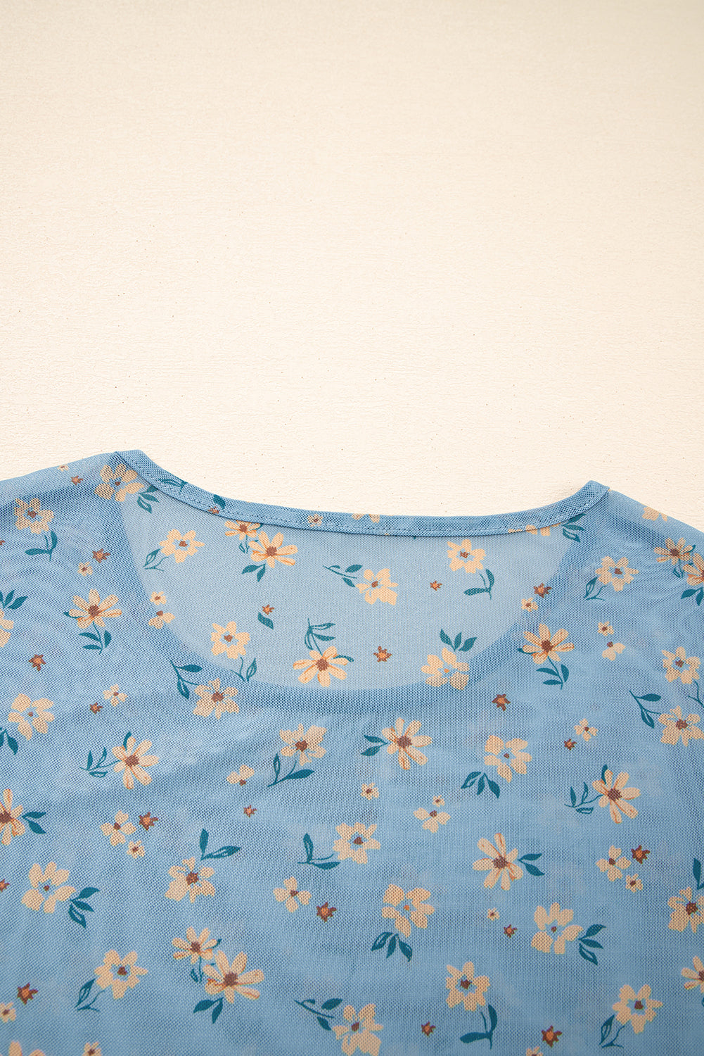 Sky Blue Vintage Floral Print Southern Style Mesh Long Sleeve Top