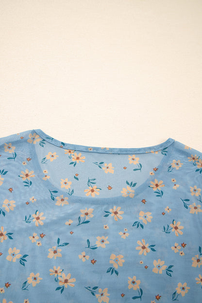 Sky Blue Vintage Floral Print Southern Style Mesh Long Sleeve Top