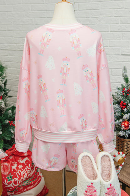 Pink Christmas Tree Nutcracker Doll Print Contrast Trim Long Sleeve Top Matching Shorts Set