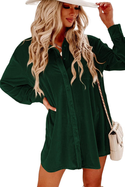 Flaxen Velvet Button Front Shirt Mini Dress - L & M Kee, LLC