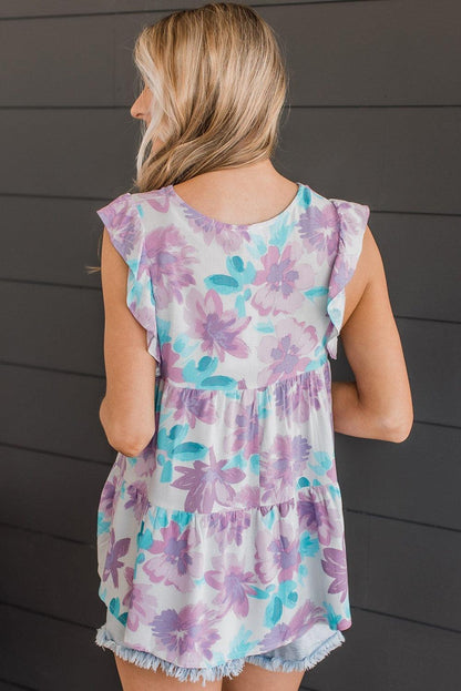 Watercolor Floral Ruffled V Neck Tank Top - L & M Kee, LLC