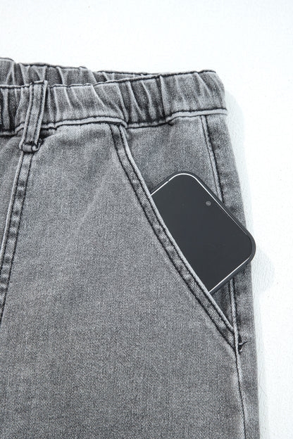 Gray Drawstring Seam Detail Raw Hem Wide Leg Denim Pants