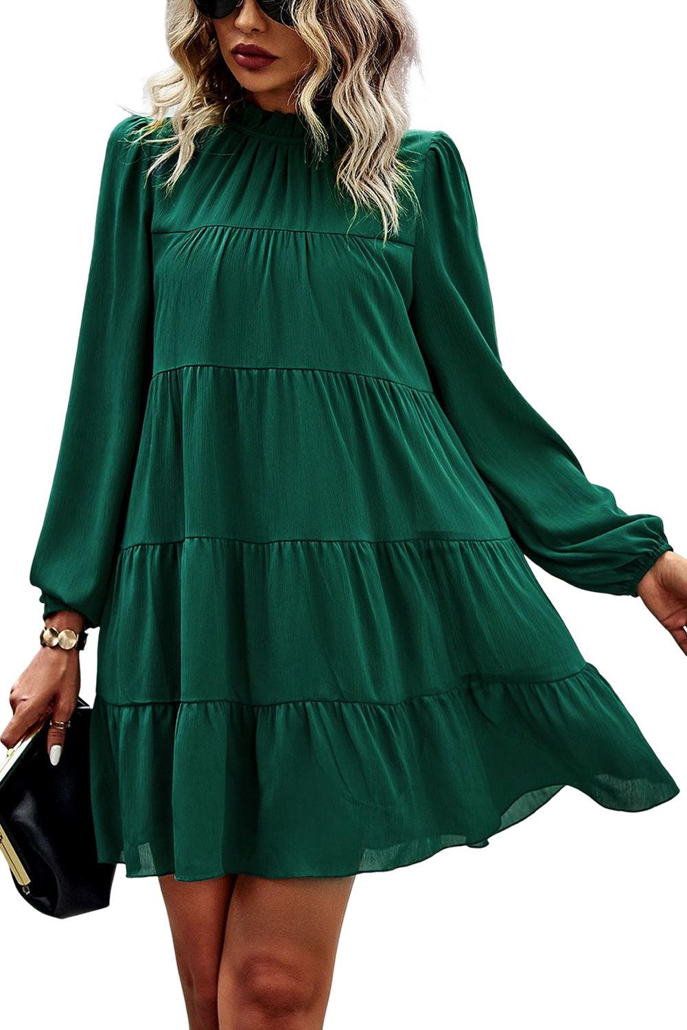 Green Puff Sleeve Mock Neck Back Knot Tiered Dress - L & M Kee, LLC