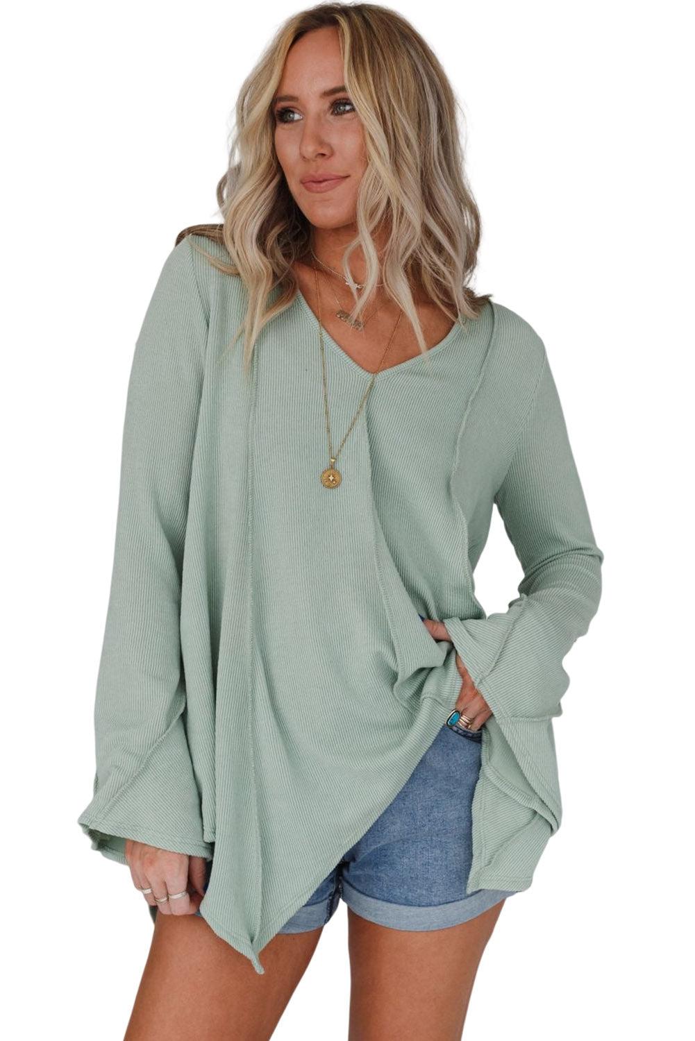 Ribbed Expose Seam Bell Sleeve Top - L & M Kee, LLC