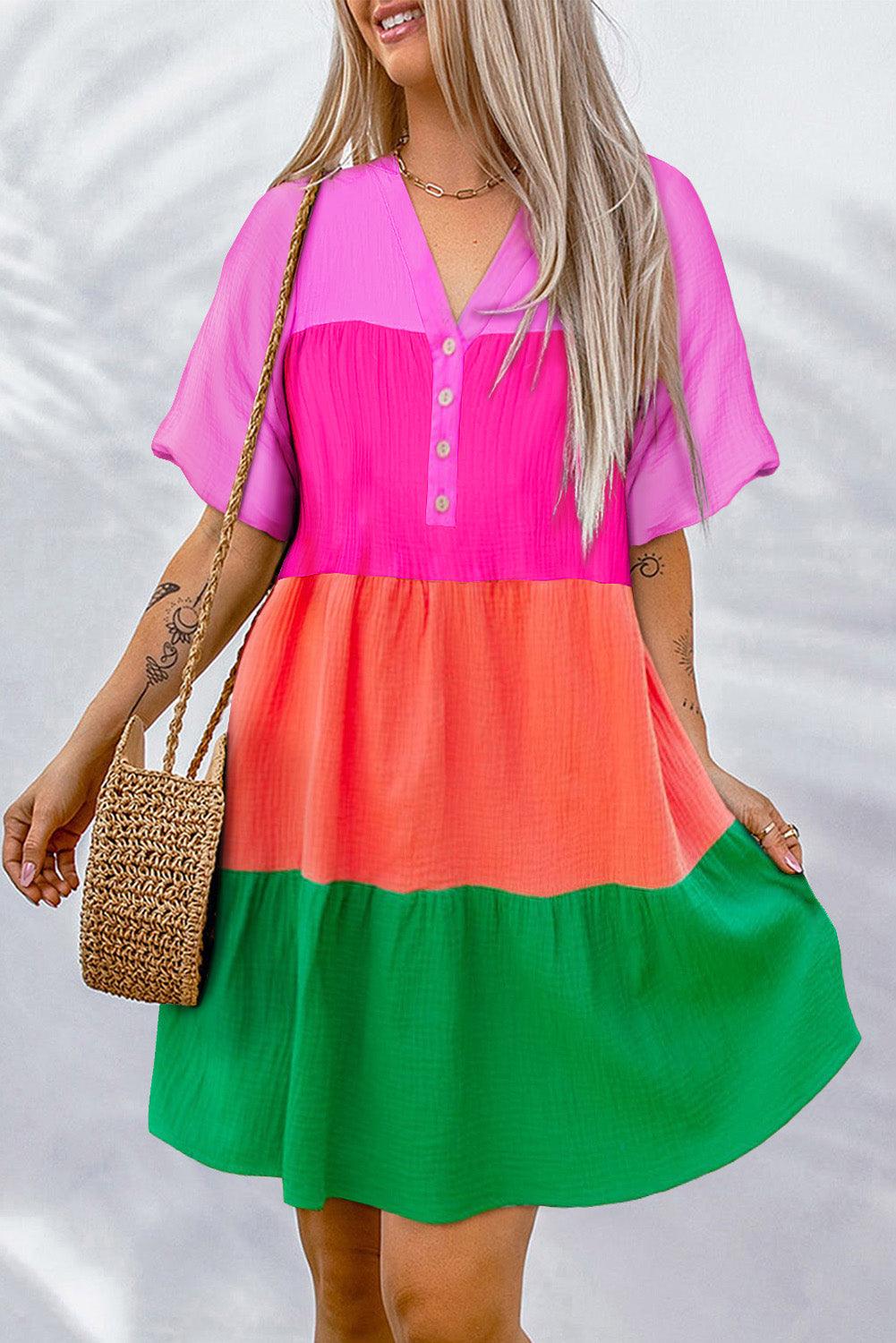 Multicolor Color Block Tiered Puff Sleeve Dress - L & M Kee, LLC