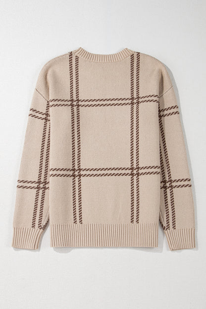 Pink Plaid Pattern Knitted Drop Shoulder Sweater