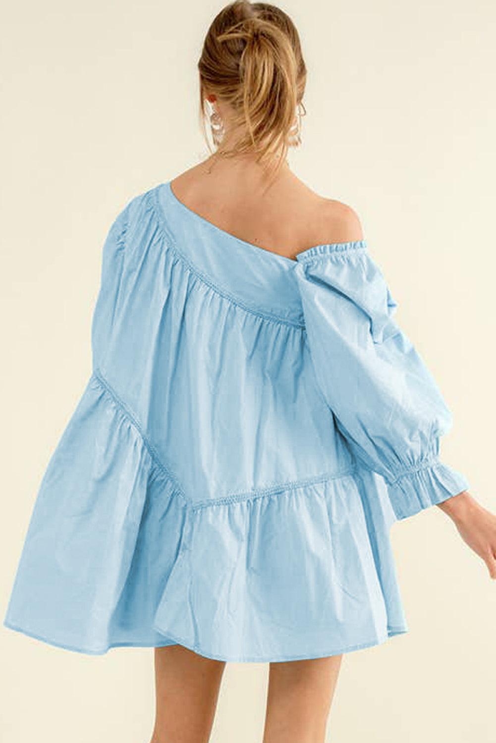 Sky Blue Exquisite Trim Puff Sleeve Asymmetric Swing Mini Dress - L & M Kee, LLC