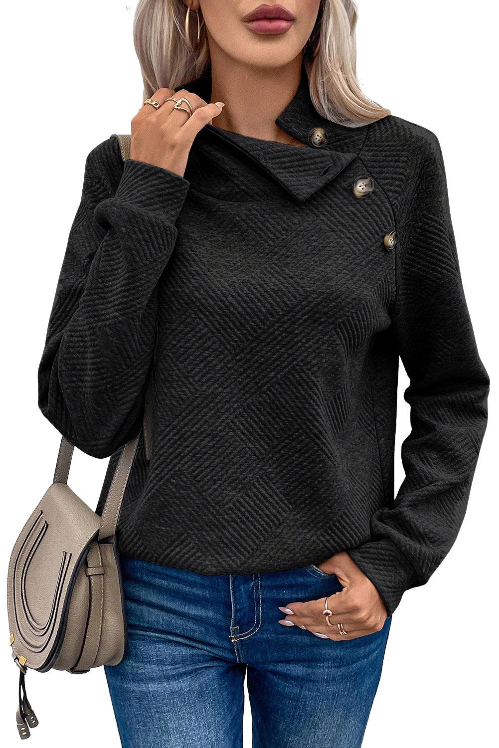 Gray Asymmetric Buttons Detail High Neck Textured Sweatshirt - L & M Kee, LLC