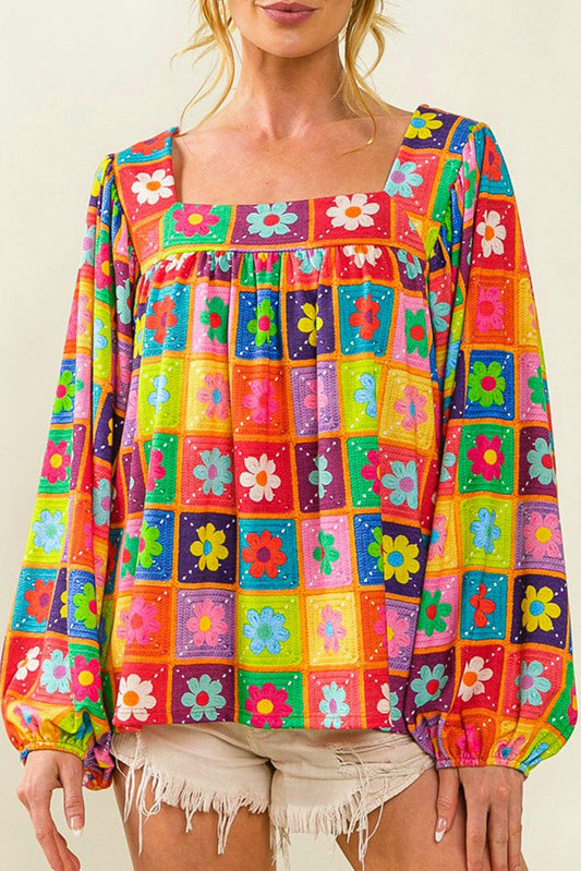 Multicolor Floral Crochet Square Neck Puff Sleeve Blouse - L & M Kee, LLC