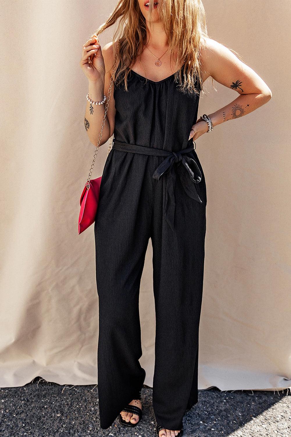 Black Textured Belted Wide Leg Sleeveless Jumpsuit - L & M Kee, LLC