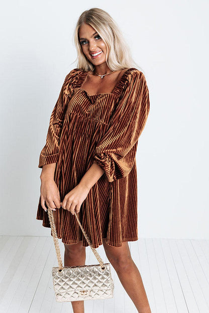 Brown Tie Back Square Neck Velvet Babydoll Dress - L & M Kee, LLC