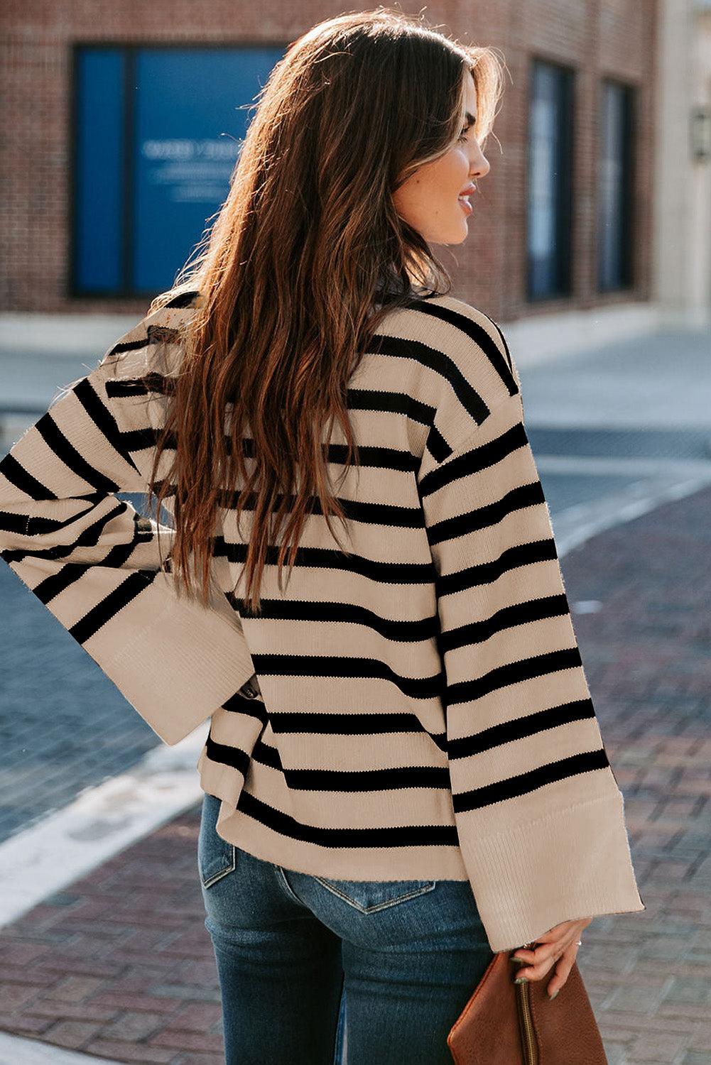 Khaki Striped Mock Neck Bell Sleeve Knit Sweater - L & M Kee, LLC