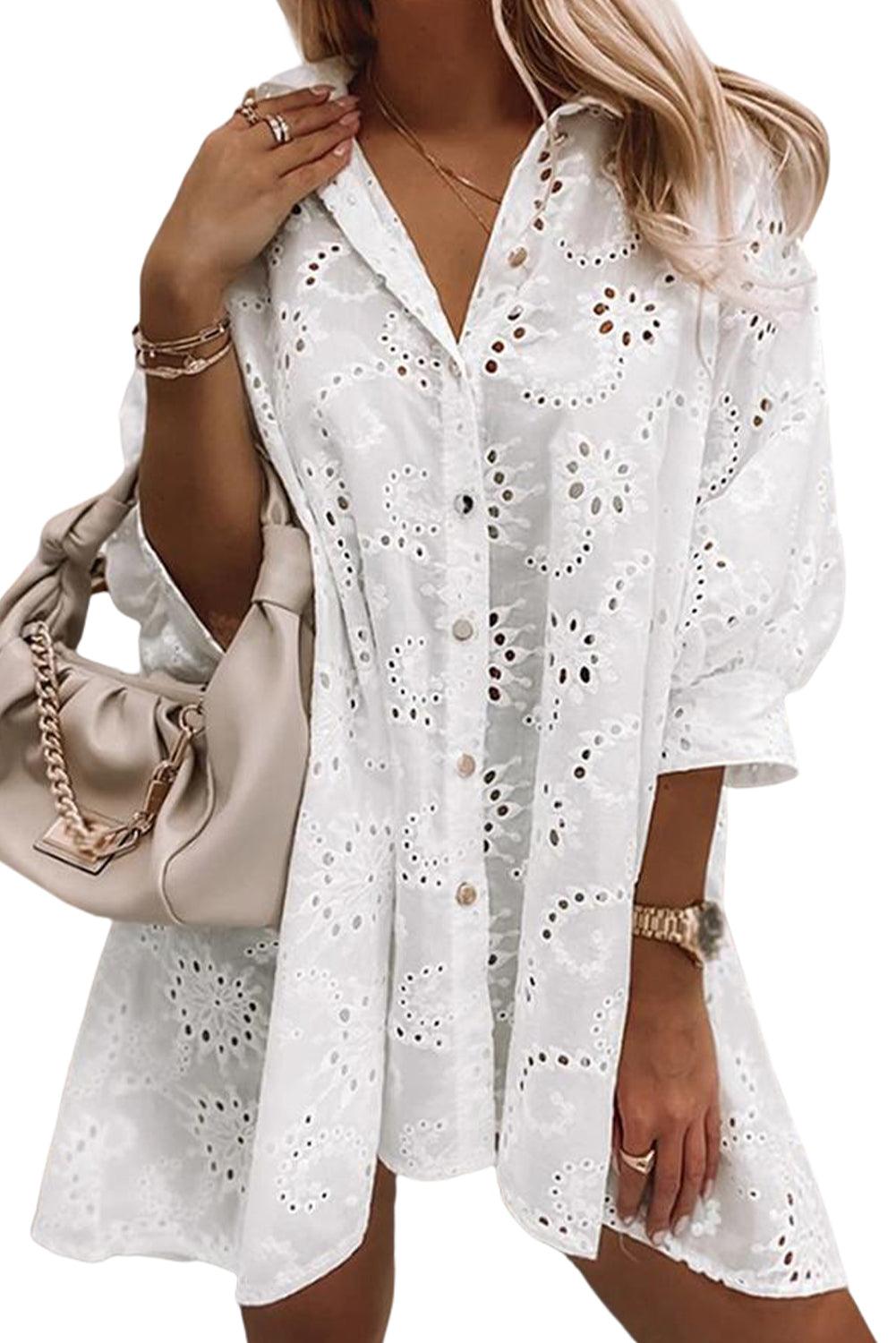 Eyelet Floral Pattern Shirt Babydoll Dress - L & M Kee, LLC