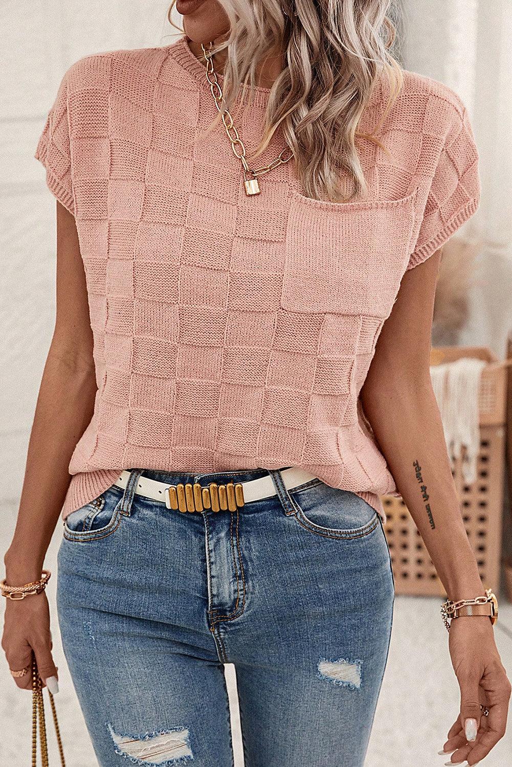 Dusty Pink Lattice Textured Knit Short Sleeve Sweater - L & M Kee, LLC