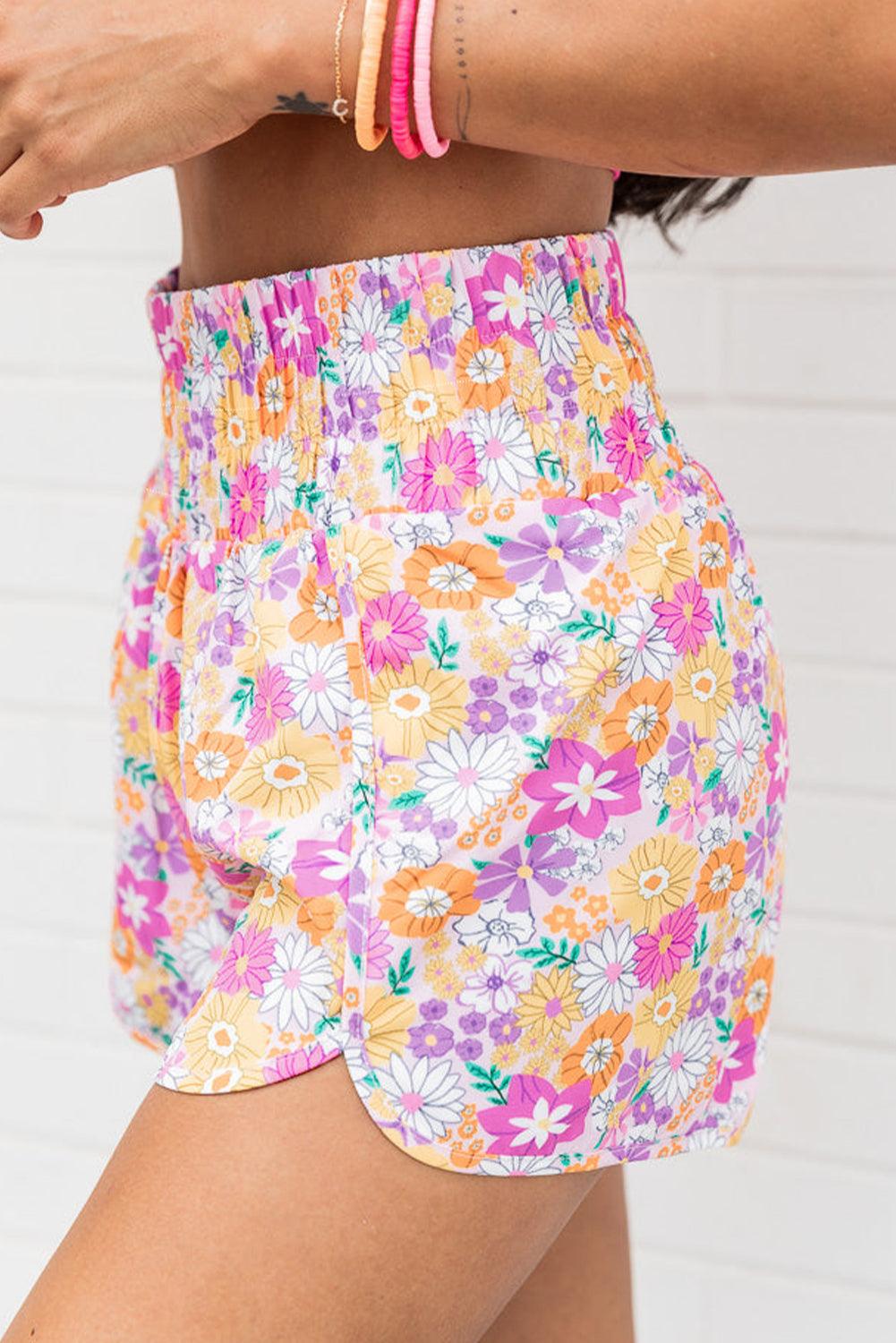 Pink Boho Floral Shirred High Waist Casual Shorts - L & M Kee, LLC