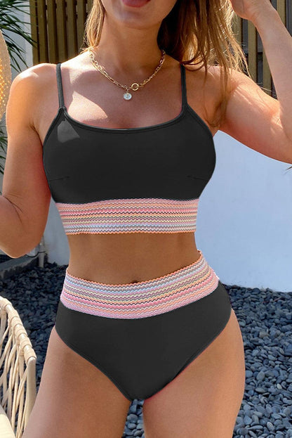 Black Striped Patchwork Spaghetti Strap High Waist Bikini Swimsuit - L & M Kee, LLC