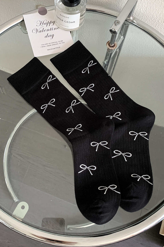 Black Bow Knot Print Ribbed Crew Socks