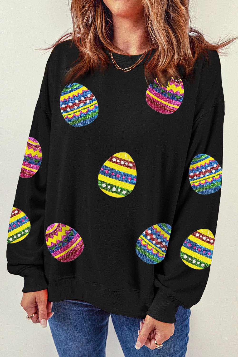 Black Eater Egg Sequin Patched Crew Neck Sweatshirt