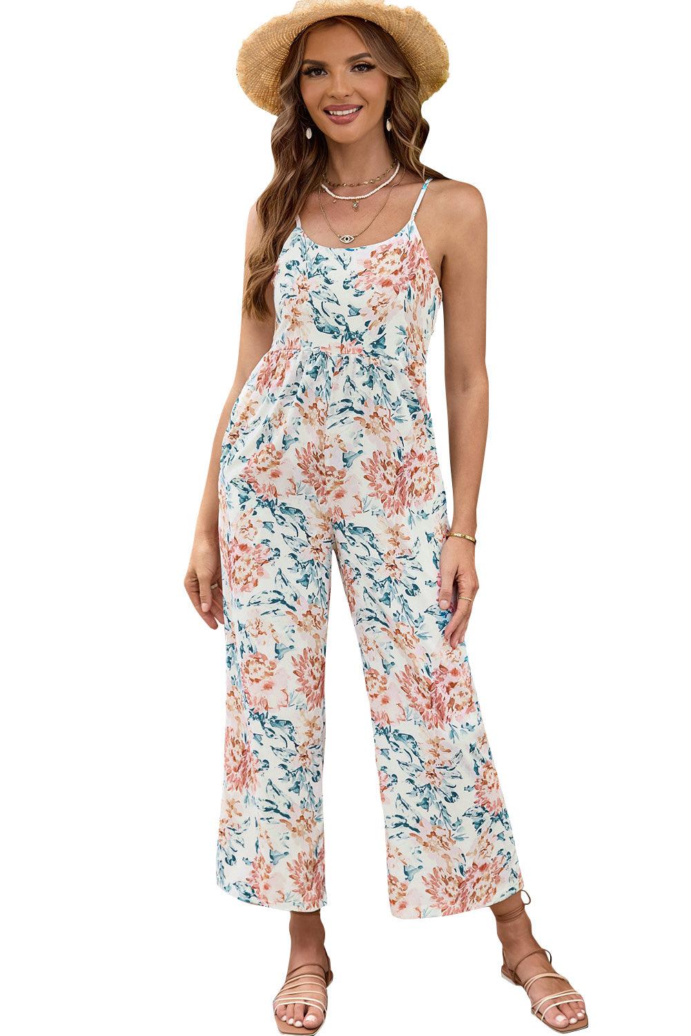 White Plus Size Floral Print Sleeveless Wide Leg Jumpsuit - L & M Kee, LLC