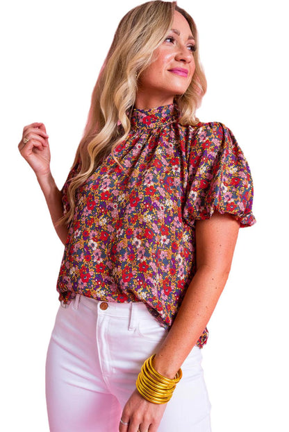 Purple Floral Print Knotted High Neck Puff Sleeve Blouse - L & M Kee, LLC