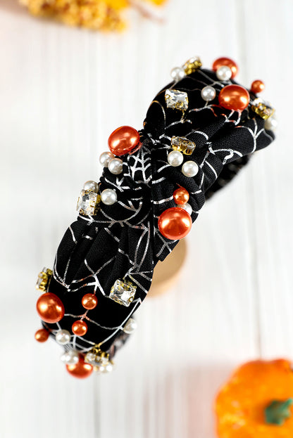 Black Pearled Rhinestone Knotted Spiderweb Halloween Headband