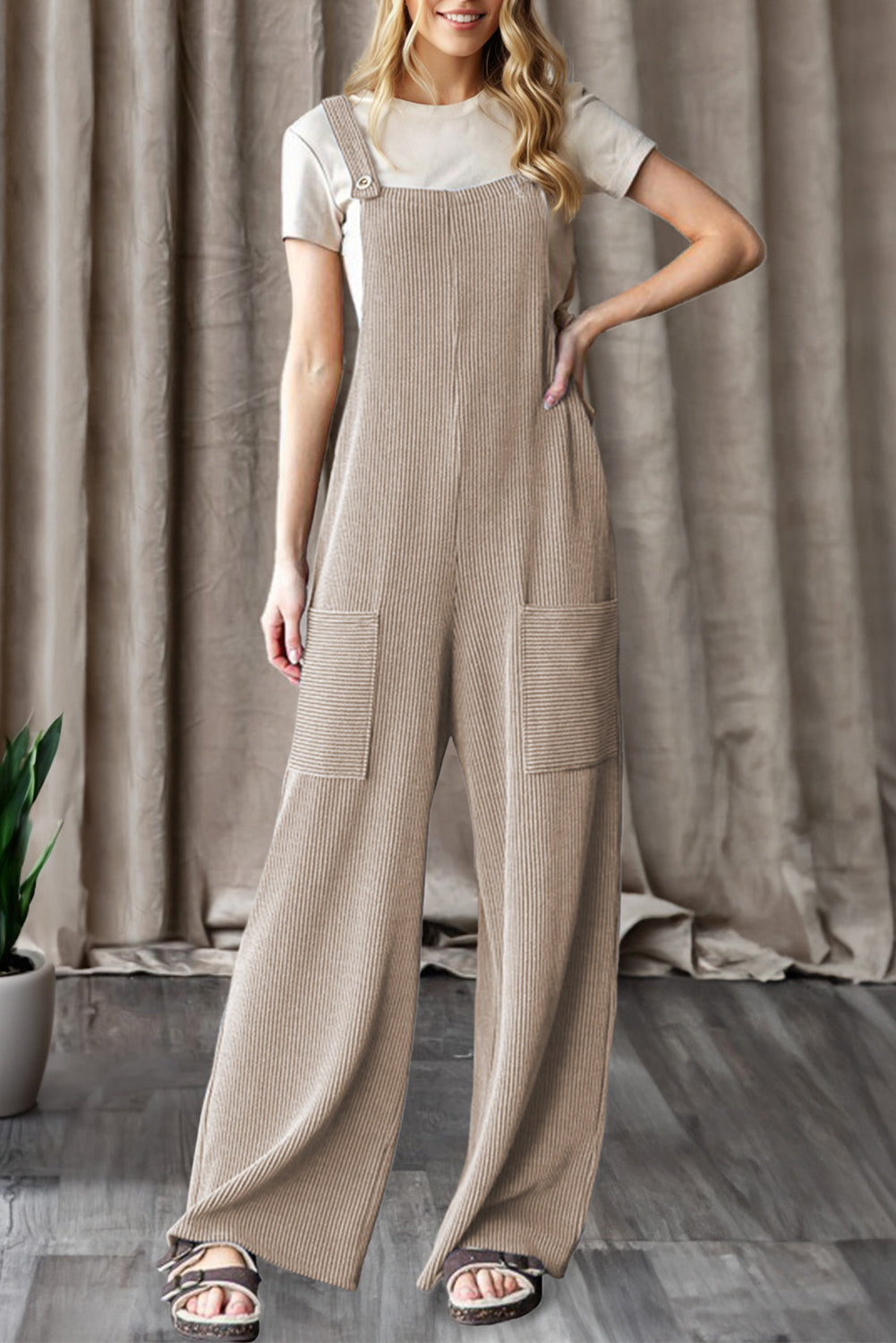 Parchment Ribbed Knit Patched Pocket Wide Leg Overalls