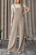 Parchment Ribbed Knit Patched Pocket Wide Leg Overalls