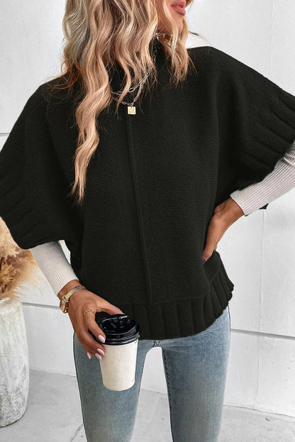 Black Mock Neck Batwing Short Sleeve Knit Sweater - L & M Kee, LLC