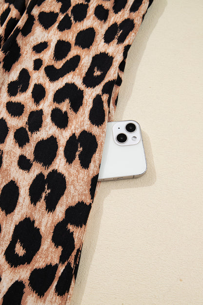 Brown Leopard Print Smocked Detail Flowy Midi Dress