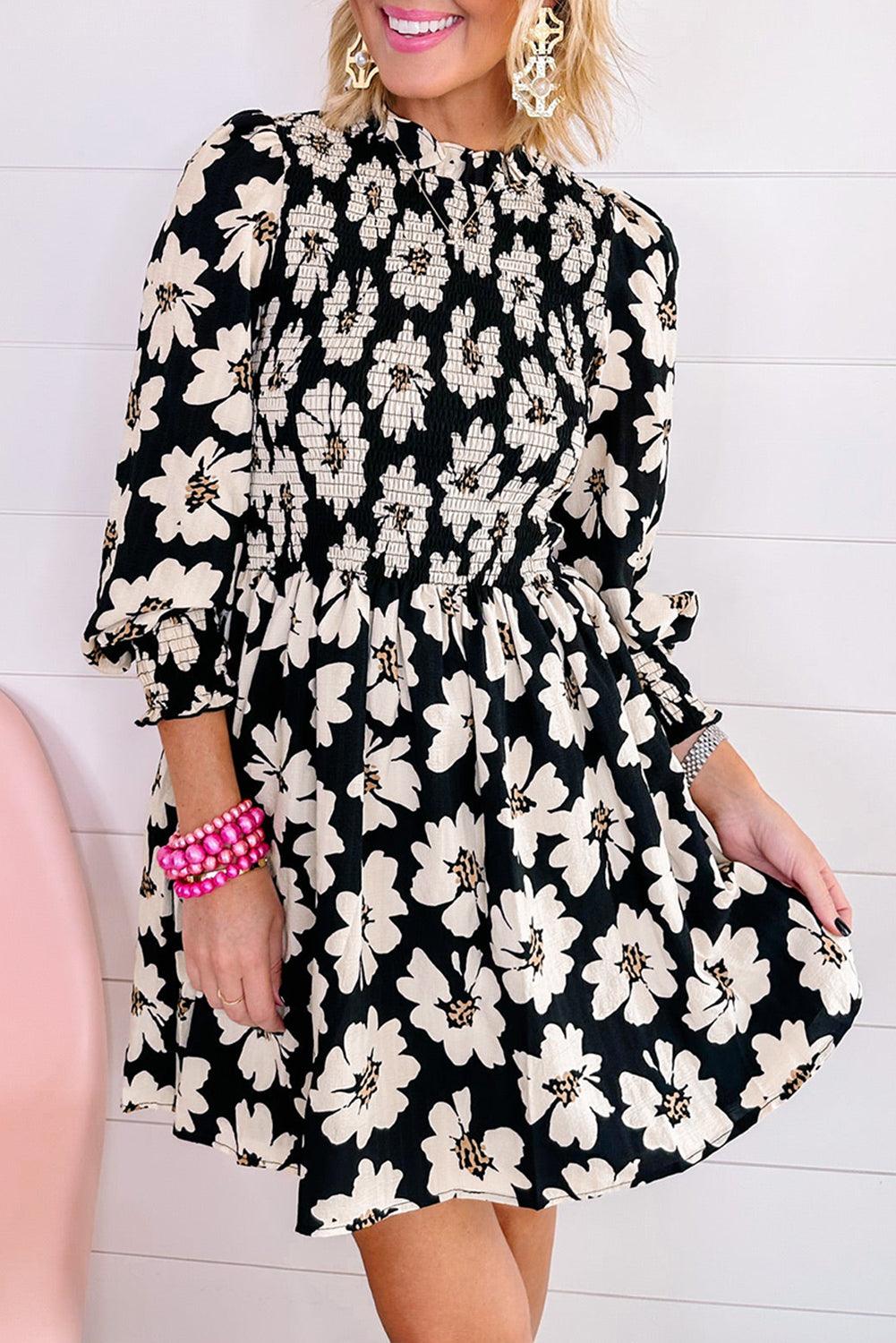 Black Floral Print Smocked Bracelet Sleeve Mini Dress - L & M Kee, LLC