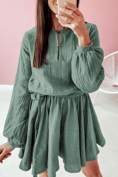 Pickle Green Button Neck Puff Sleeve Belted Pleated Mini Dress - L & M Kee, LLC