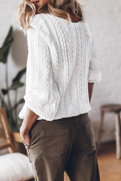 White Solid Cable Knit V-Neck Puff Sleeve Cardigan - L & M Kee, LLC