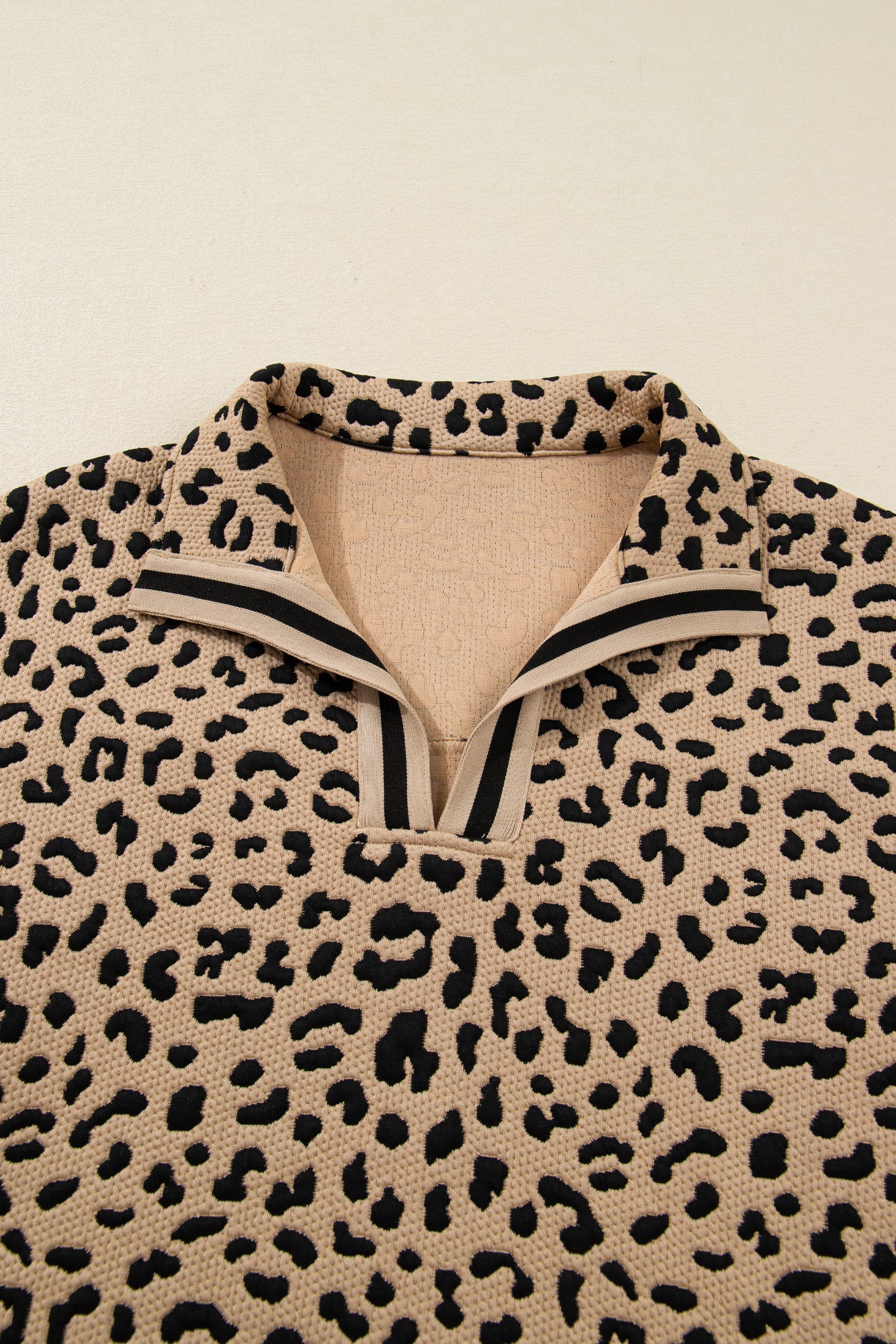 Parchment Leopard Polo Collar V Neck Pullover Top