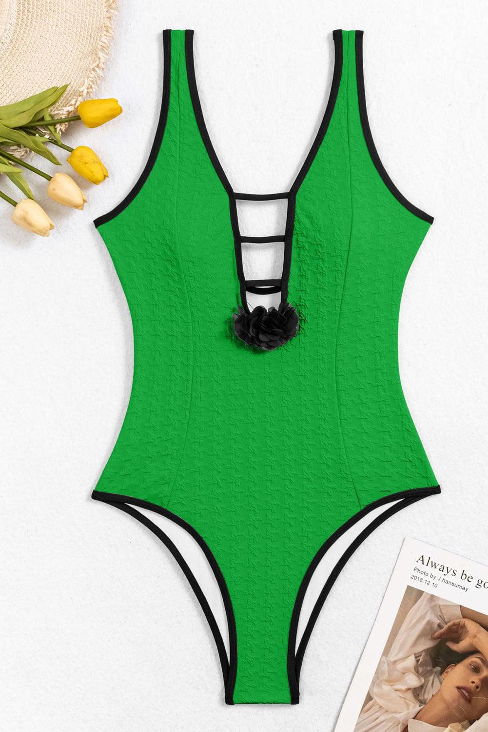 Bright Green 3D Flower Ladder Cut out Textured One Piece Swimwear - L & M Kee, LLC