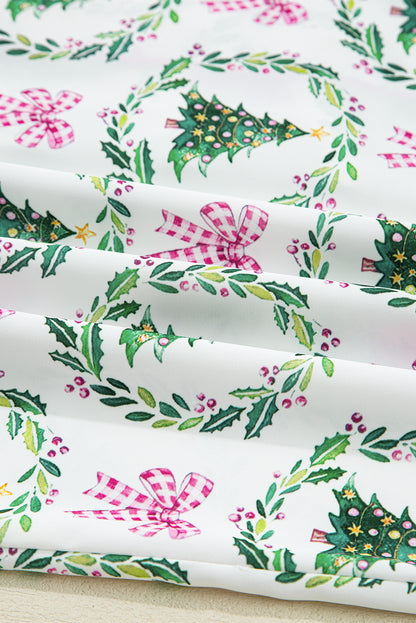 Green Christmas Fashion Print Velvet Trim Bow Knot Pajama 2pcs Short Set