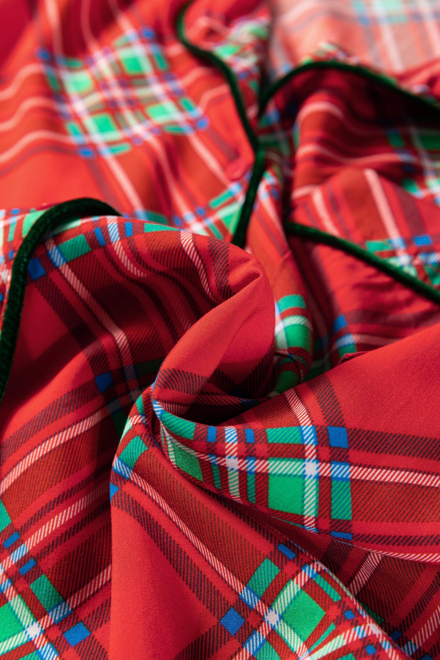 Fiery Red Christmas Plaid Satin Pajama Set with Contrast Velvet Ties