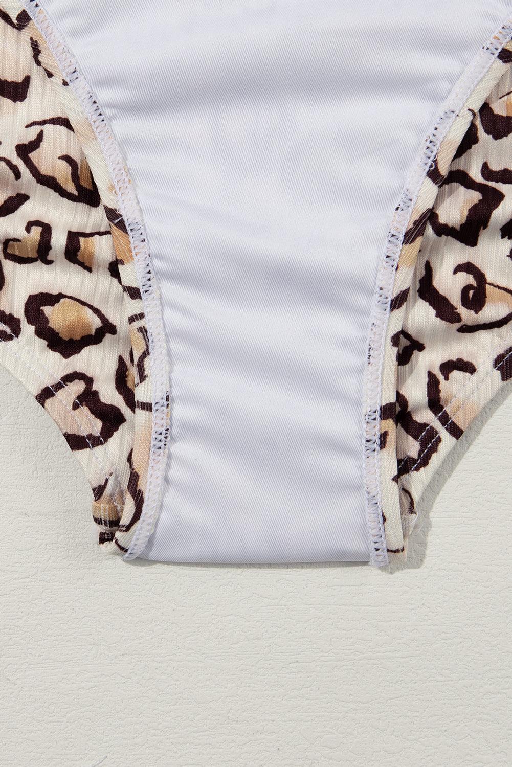 Khaki Leopard Print Notched Neck One Piece Swimsuit - L & M Kee, LLC