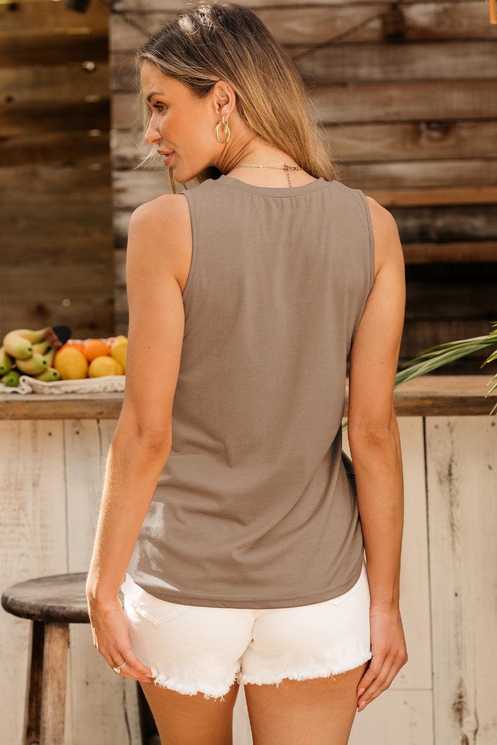 Light French Beige Pleated Detail Round Neck Tank Top - L & M Kee, LLC