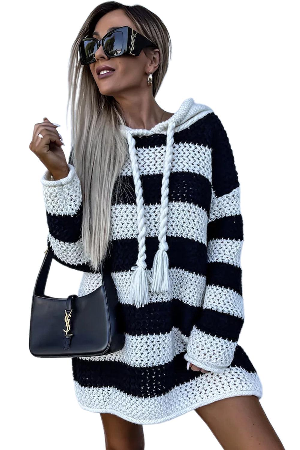 Black Striped Braided Tassel Hooded Sweater Dress - L & M Kee, LLC