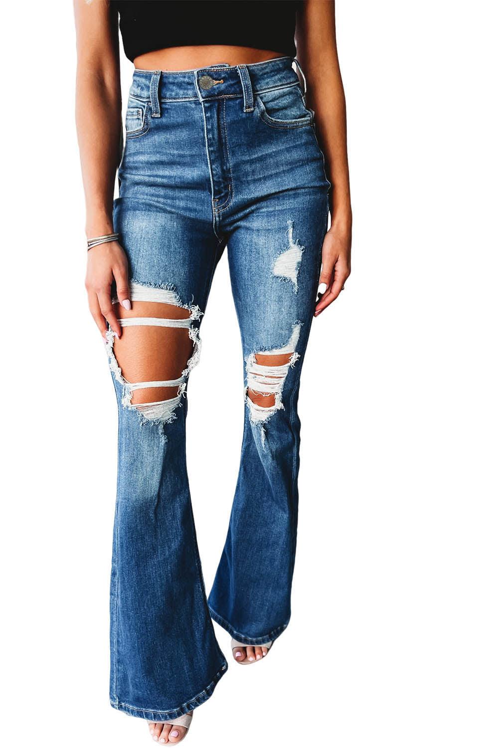 Blue High Waist Distressed Cutout Flare Leg Jeans - L & M Kee, LLC