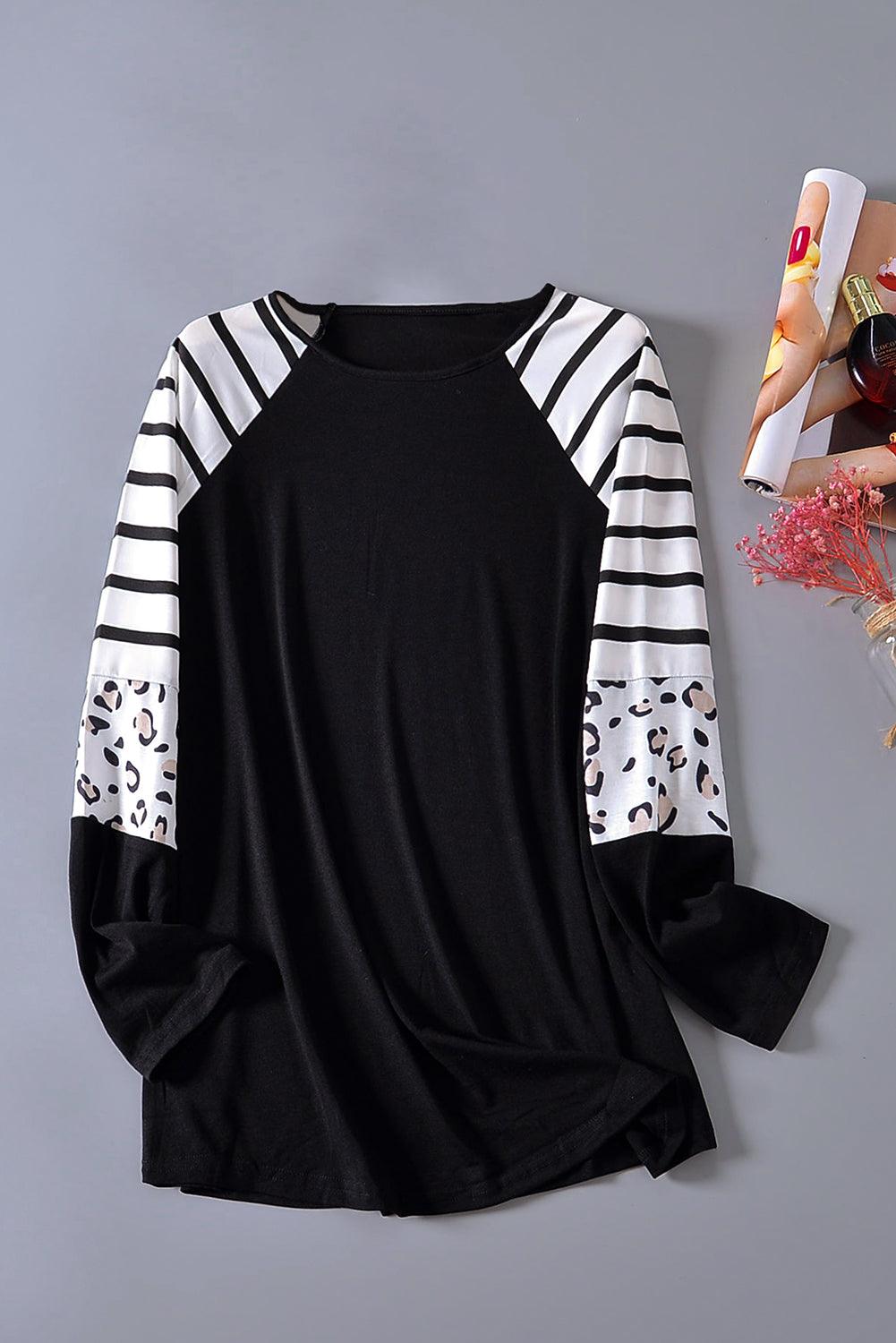 Black Striped Animal Print Colorblock Long Sleeve Top - L & M Kee, LLC